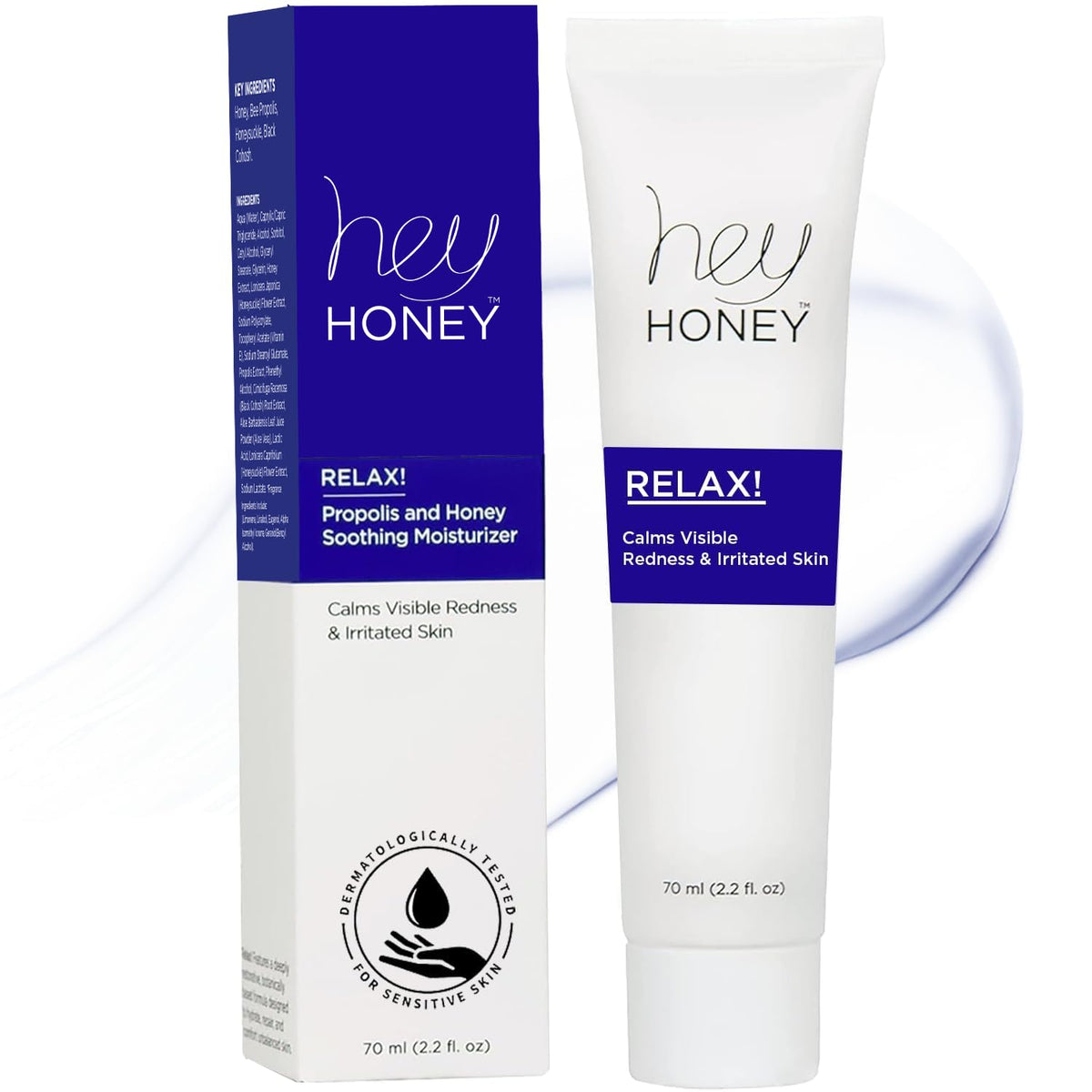 Hey Honey Relax front jar showing calming cream and clear branding for gentle relief