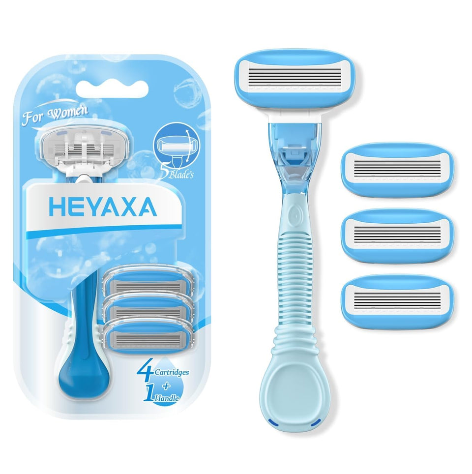 HEYAXA front packaging showing razor pack and four refills for convenience