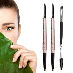 HeyBeauty front packaging showing two light brown eyebrow pencils, convenient travel kit