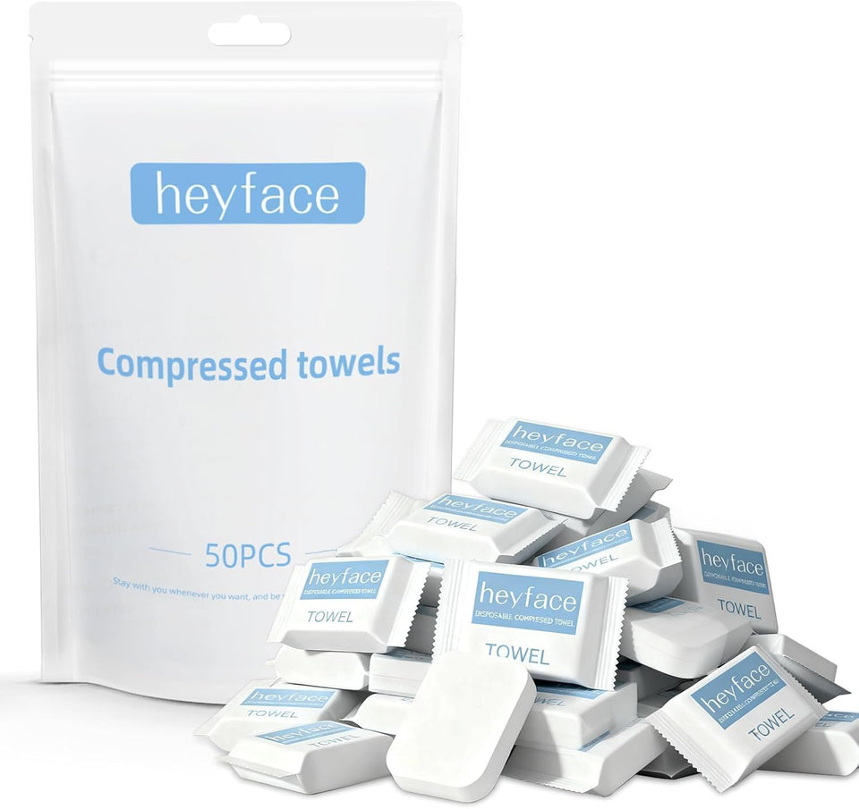 HEYFACE front packaging showing 50-count bulk set and compact benefit