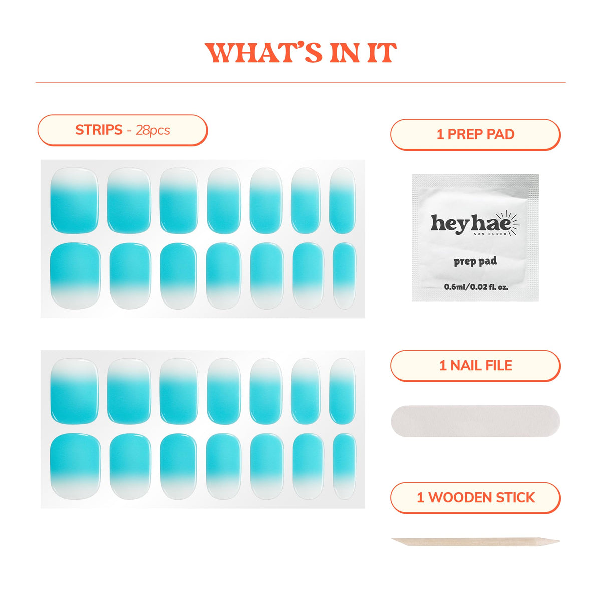 heyhae kit contents with 28 strips, prep pad, file, and wooden stick for easy application
