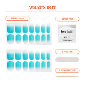 heyhae kit contents with 28 strips, prep pad, file, and wooden stick for easy application