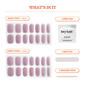 heyhae close-up of gel finish showing smooth glossy texture and vibrant mauve with dots