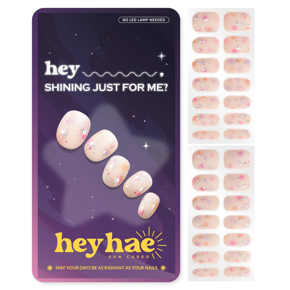 heyhae front box and strips showing packaging and glossy finish benefit