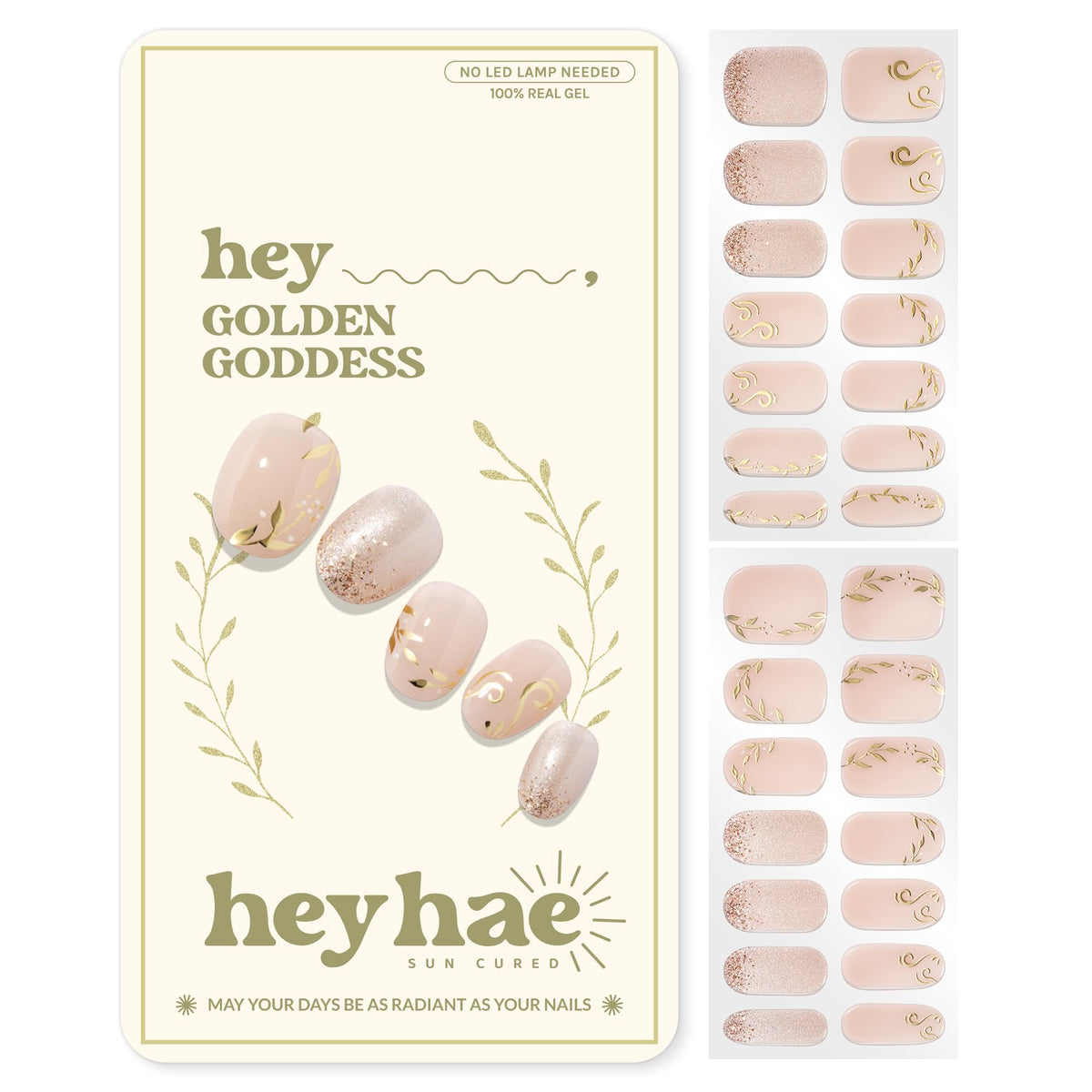 heyhae front packaging showing gold floral strips and kit contents benefits travel-ready manicure