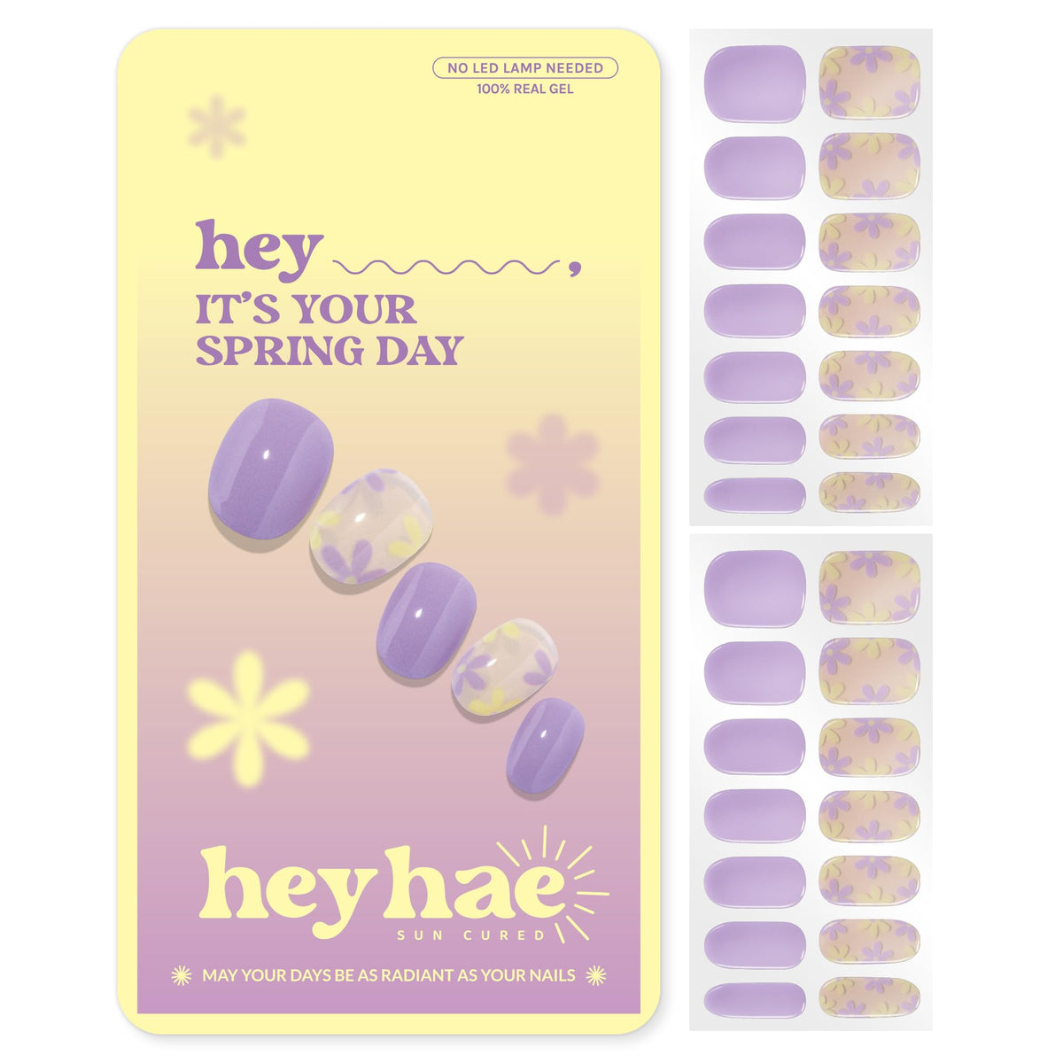 heyhae front packaging showing purple floral strips and brand name for ready-to-use manicure