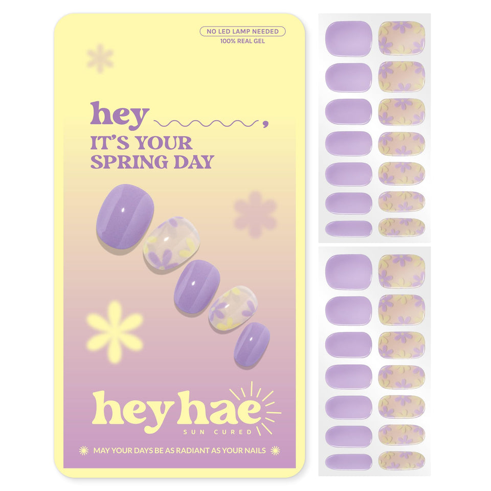 heyhae front packaging showing purple floral strips and brand name for ready-to-use manicure