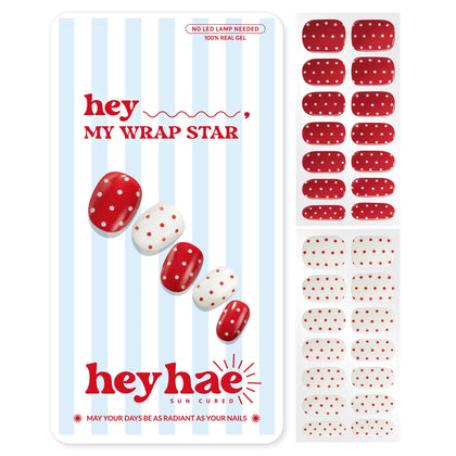 heyhae front packaging showing red polka dot design and included kit, tidy presentation benefit