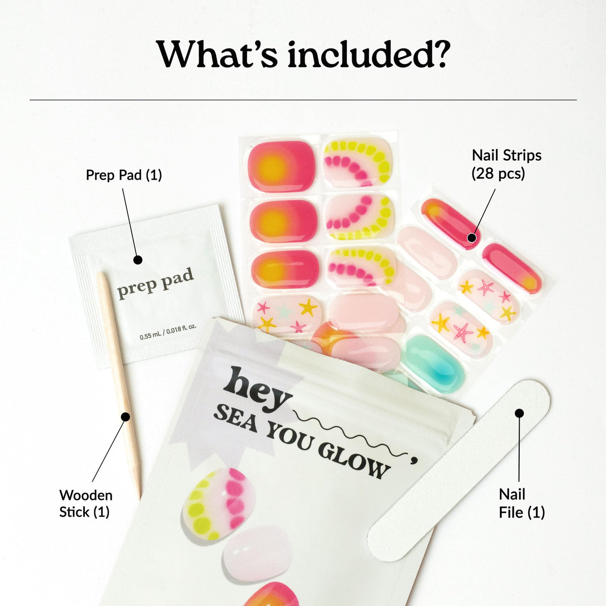 heyhae kit contents displayed with strips file and prep pads benefit