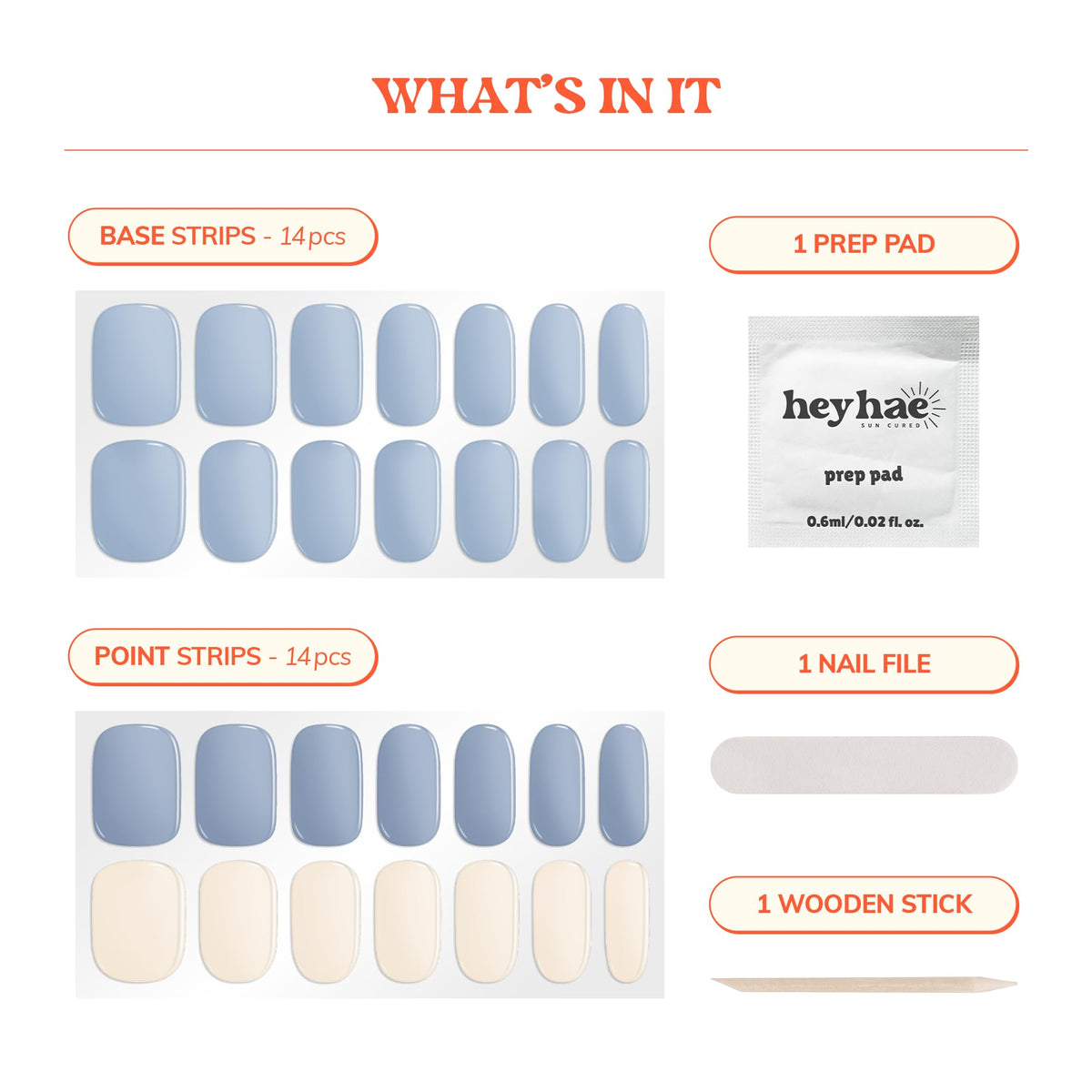 heyhae kit contents laid flat including strips, prep pad, file, and wooden stick