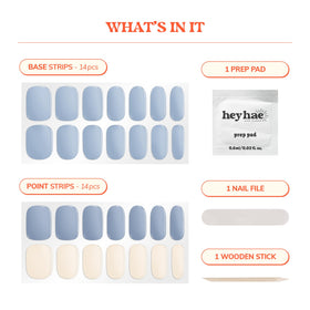 heyhae kit contents laid flat including strips, prep pad, file, and wooden stick
