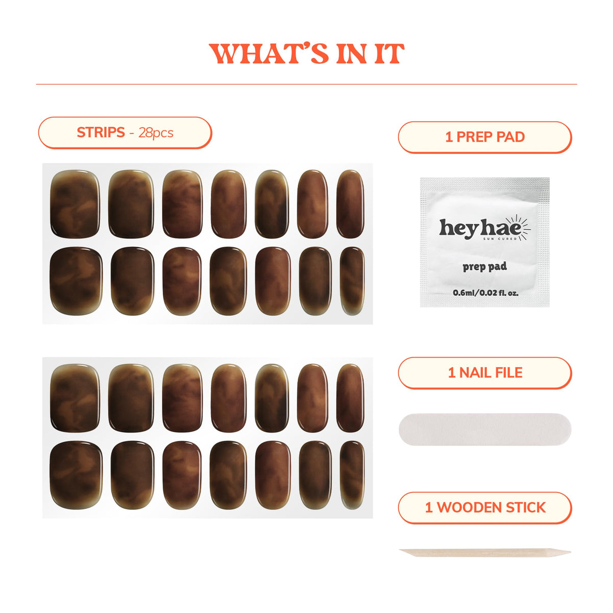 heyhae kit layout with 28 strips, prep pad, file and wooden stick for a complete manicure