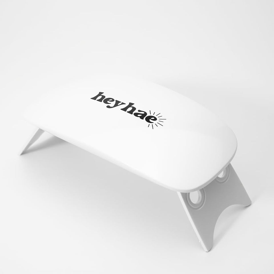 heyhae LED UV lamp front view showing compact profile and controls for fast curing