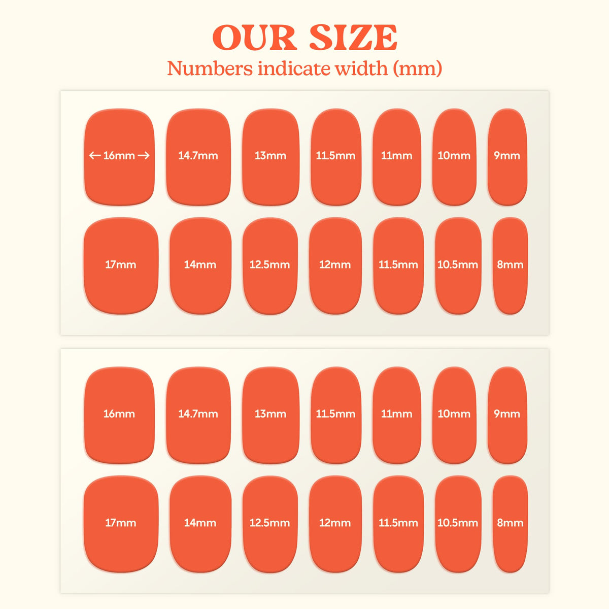 heyhae on-hand scale comparison showing strip sizes for all nail types