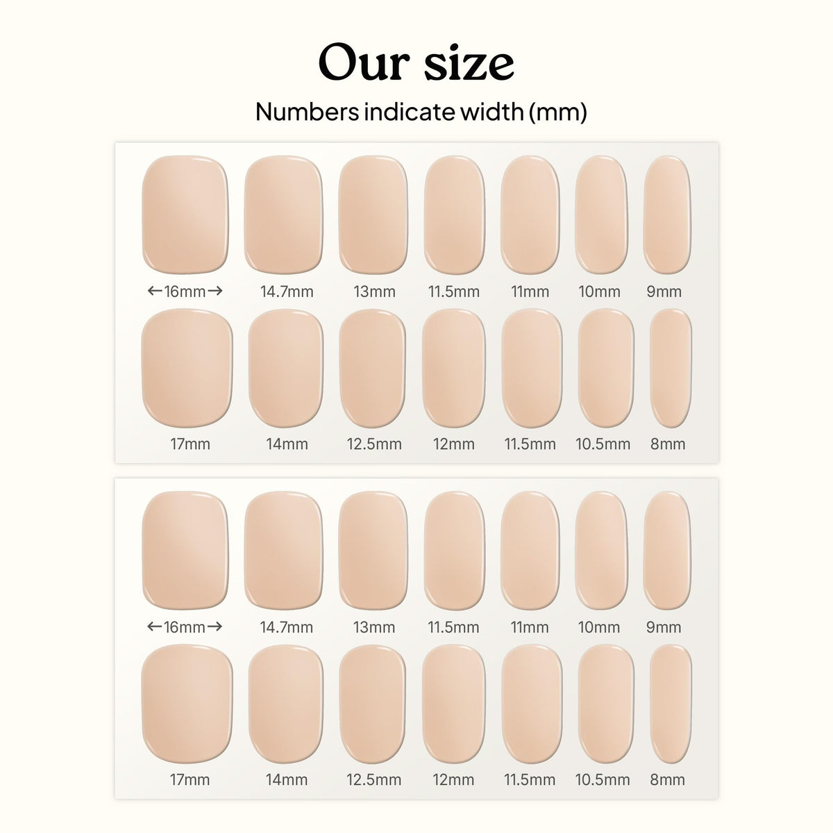 heyhae size comparison layout, displays 28 assorted strip sizes