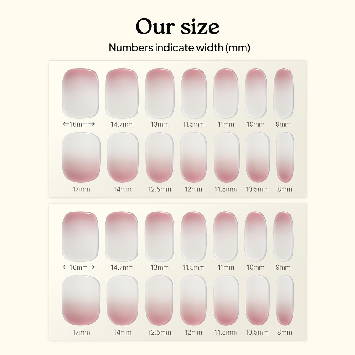 heyhae strips of varied widths laid out showing fit for all nails