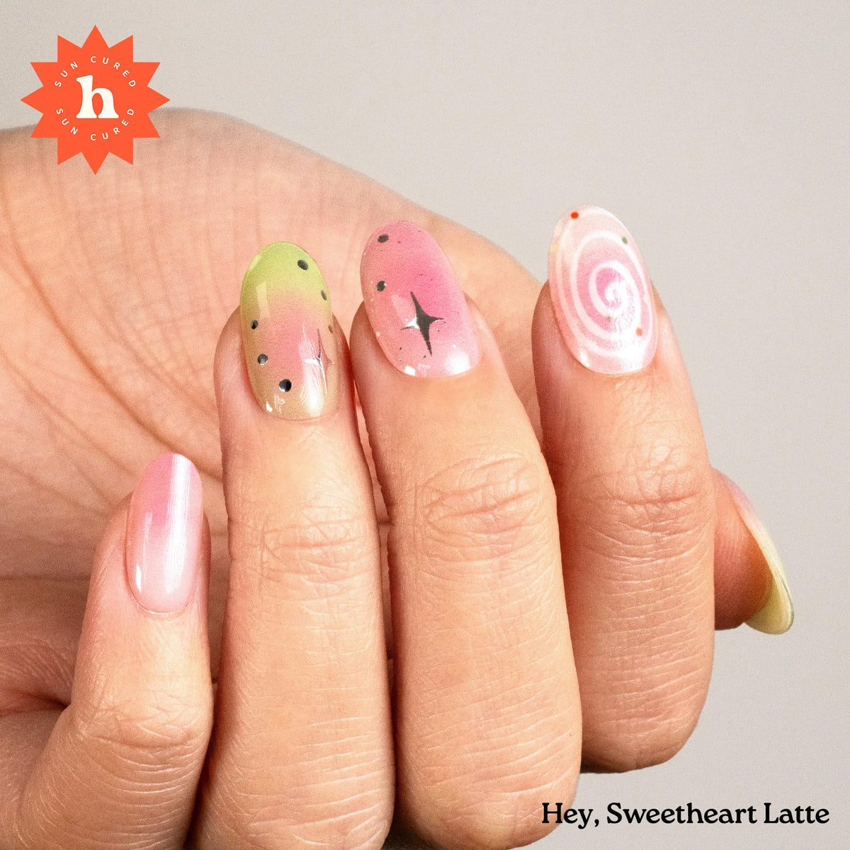 heyhae close-up of pink and green swirl strip, highlights latte-inspired design