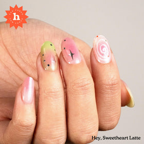 heyhae close-up of pink and green swirl strip, highlights latte-inspired design