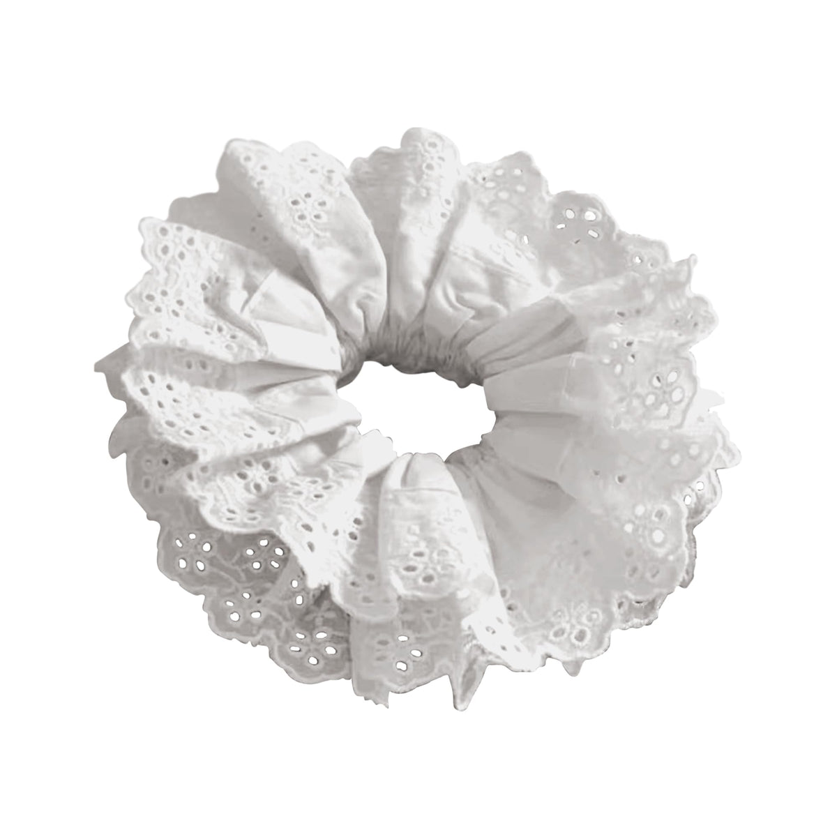 Heyiminy front view of white scrunchie showing full volume and elegant look