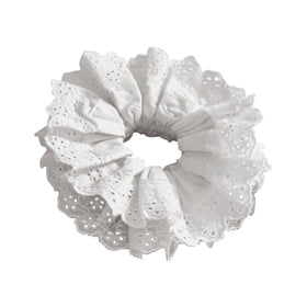 Heyiminy front view of white scrunchie showing full volume and elegant look