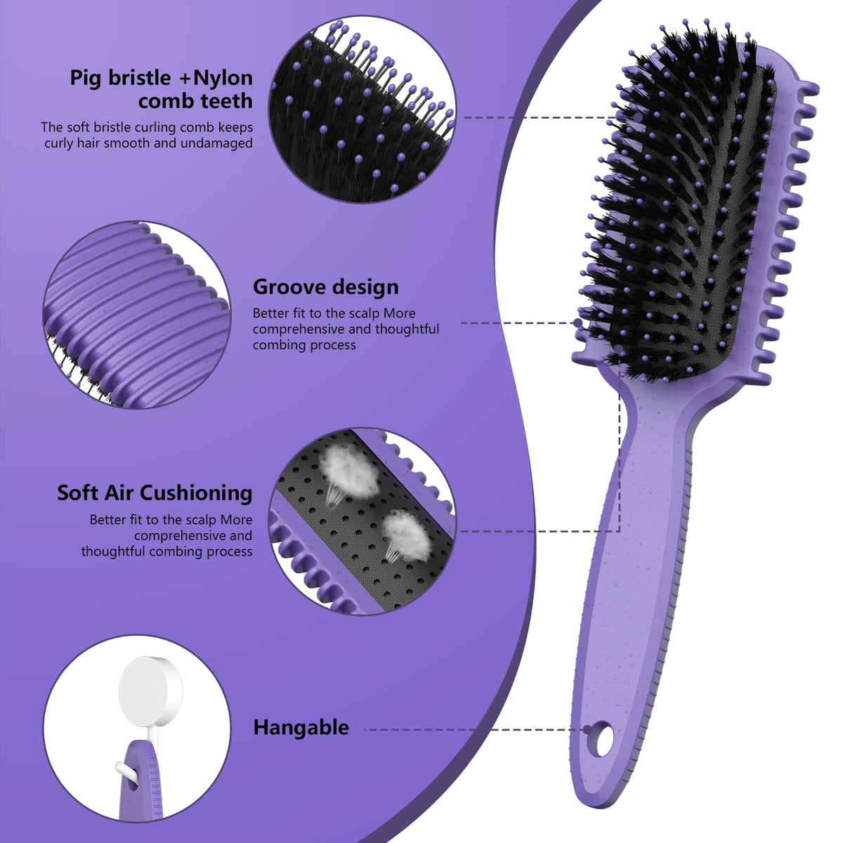 HEZ bristle brush close-up showing soft bristles to boost shine and reduce frizz