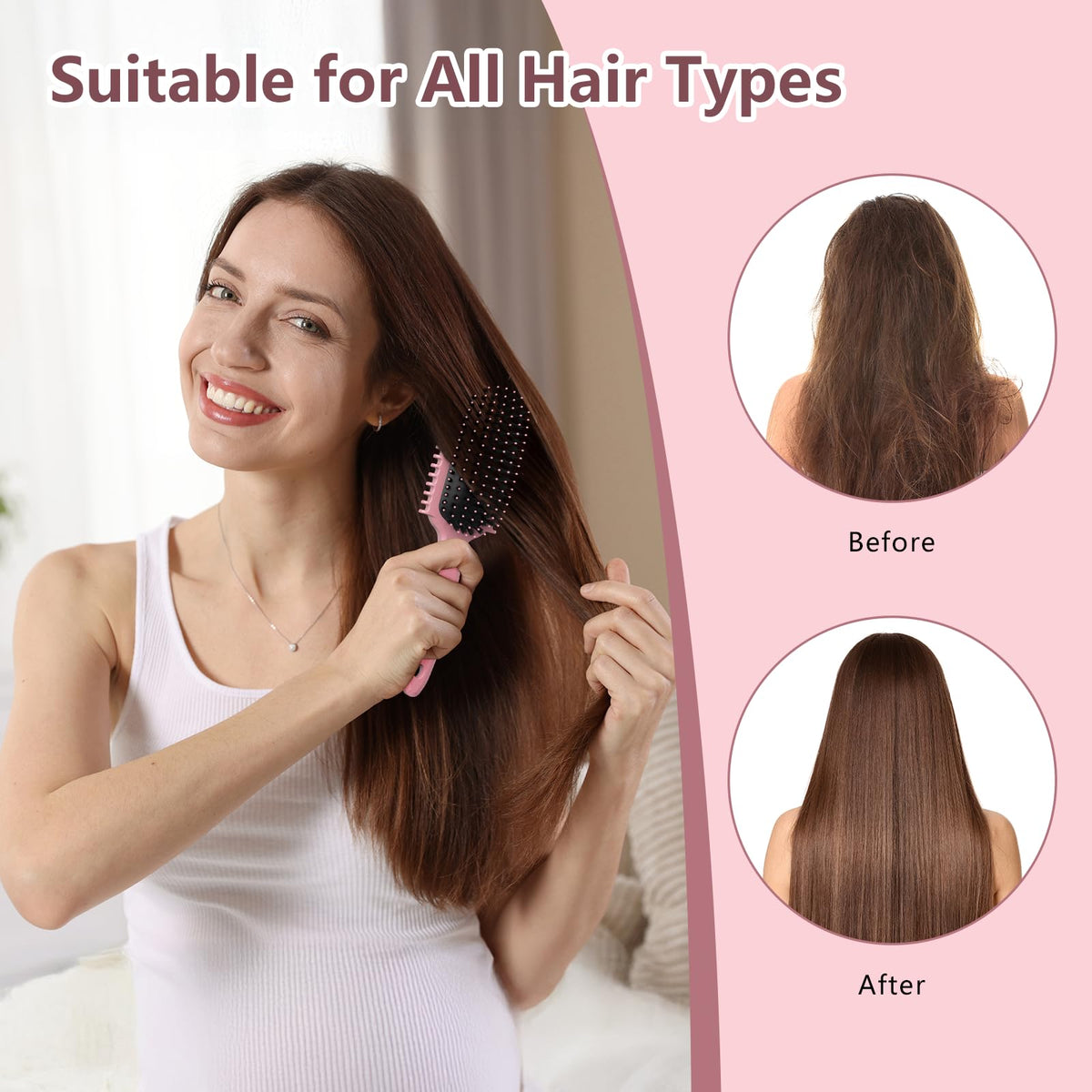 HEZ brush held in hand to show scale, compact travel-friendly styling tool