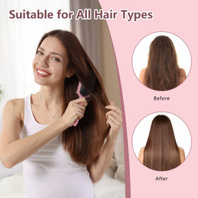 HEZ brush held in hand to show scale, compact travel-friendly styling tool