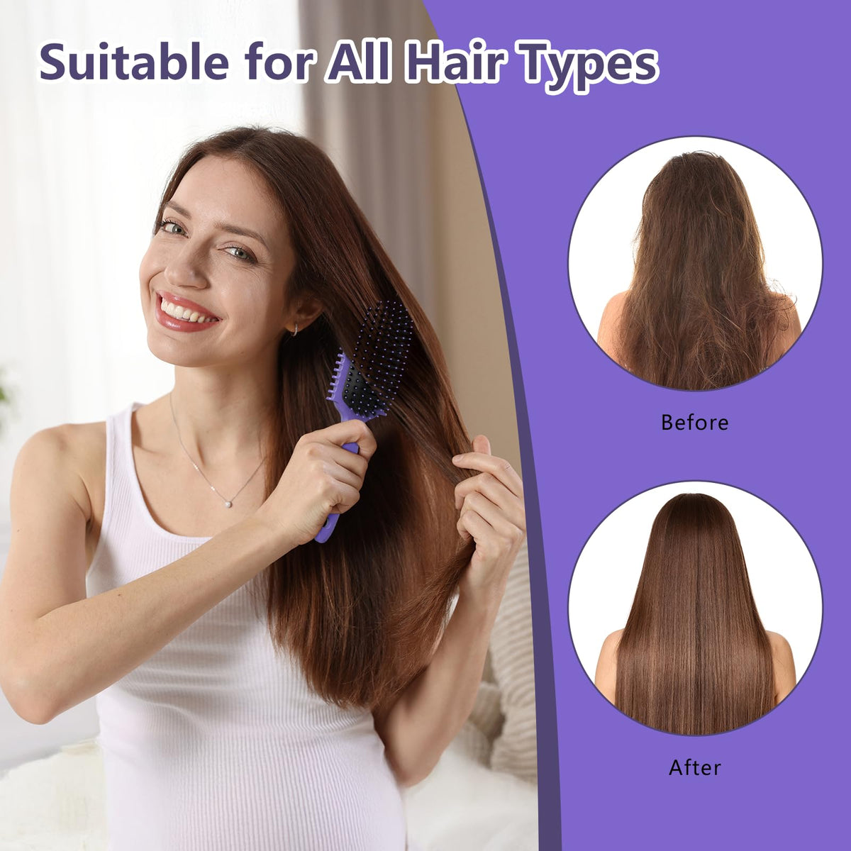 HEZ brush in use on curly hair demonstrating reduced pulling and even product distribution