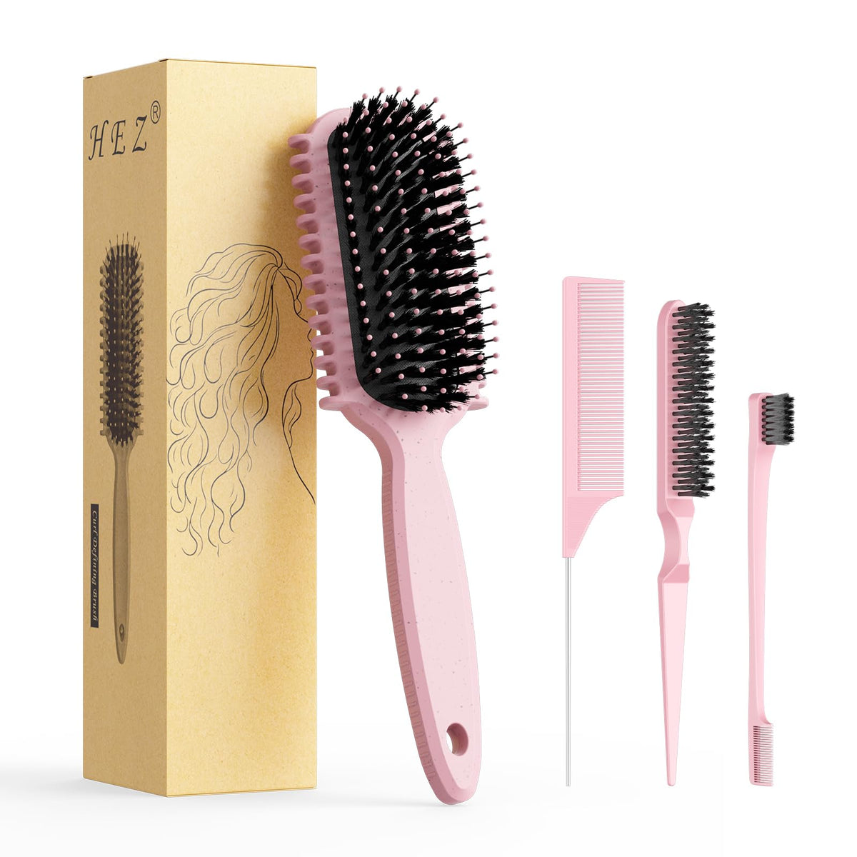 HEZ curl defining brush front view showing pink finish and teeth, gentle detangling