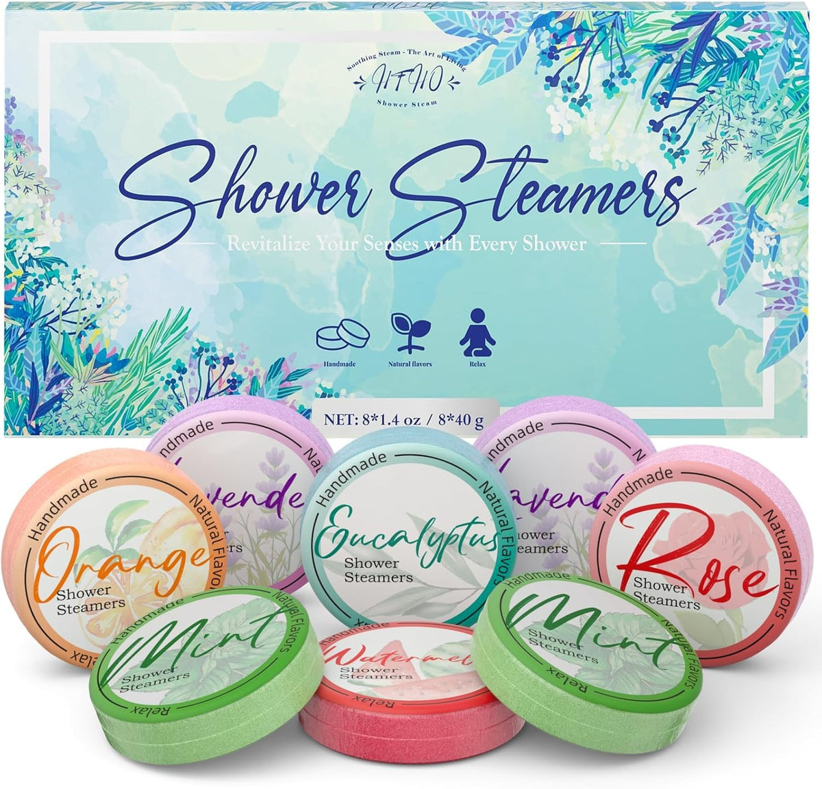 HFHO front packaging showing eight sealed shower steamers and benefits