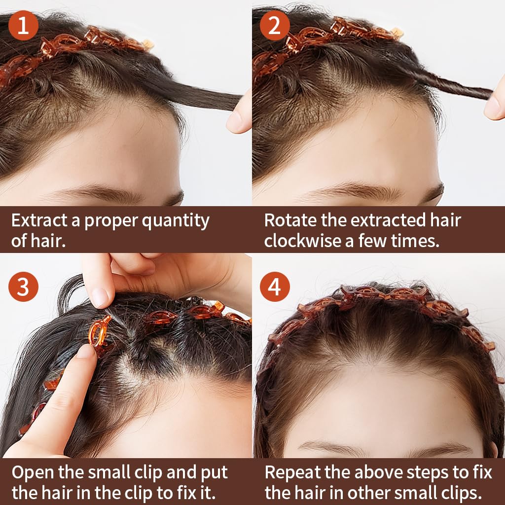 HFZRZFH model wearing headband demonstrating quick twisty bangs styling