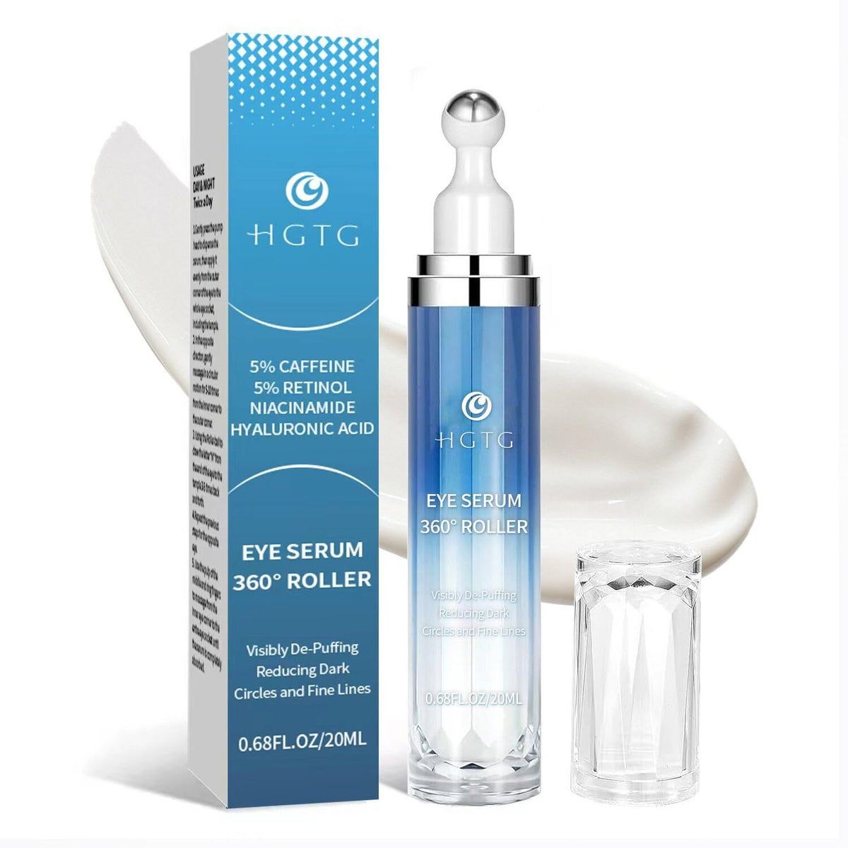 HGTG front packaging of eye cream showing sleek tube and label benefits