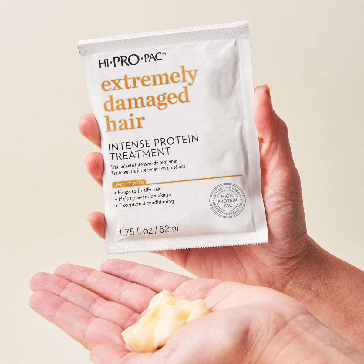 Hi-Pro-Pac mask in use applied to wet hair showing restorative application benefit