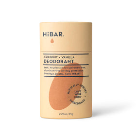 HIBAR front packaging showing coconut and vanilla scent and plastic-free benefit