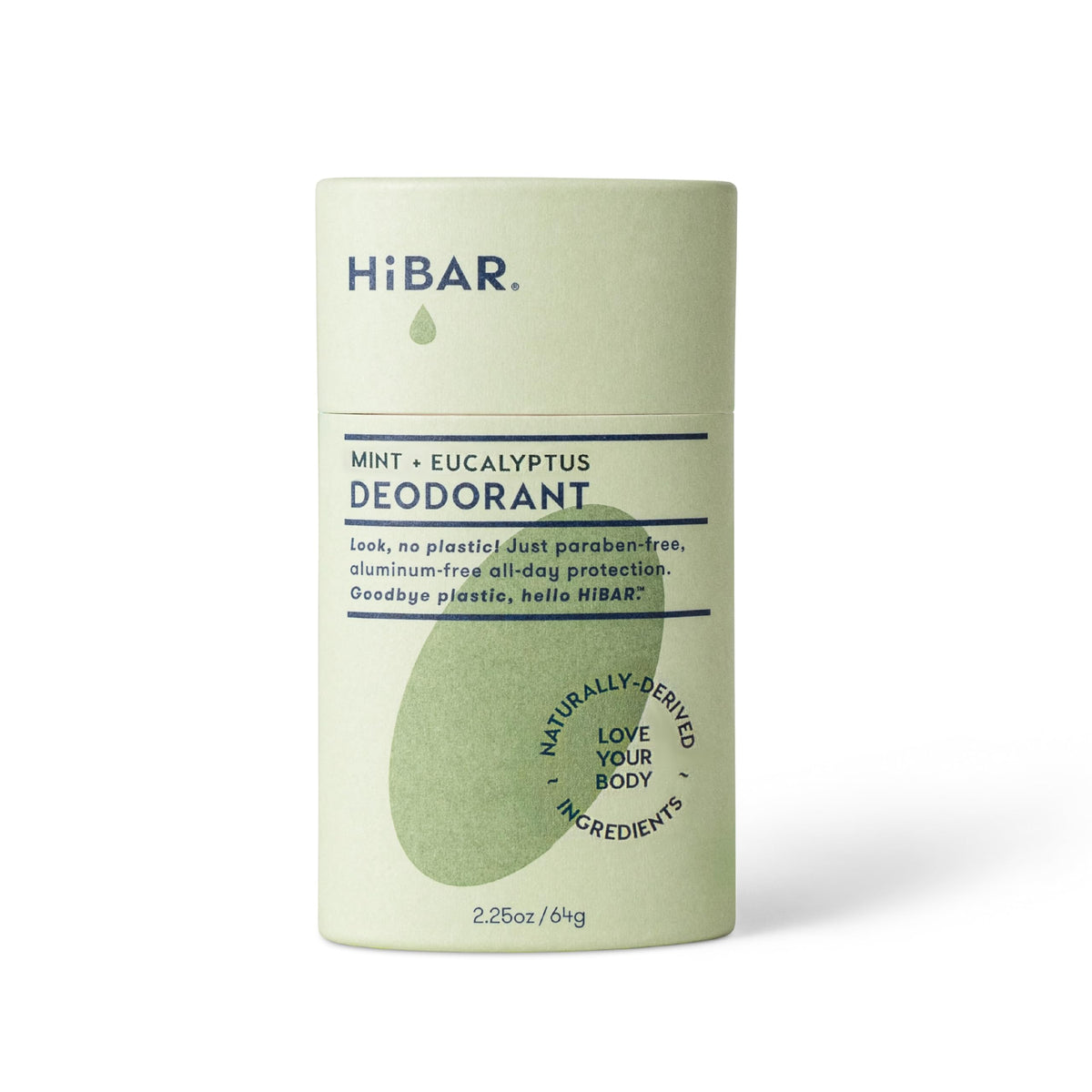 HiBAR front packaging showing eucalyptus mint scent and plastic-free, easy-glide benefit