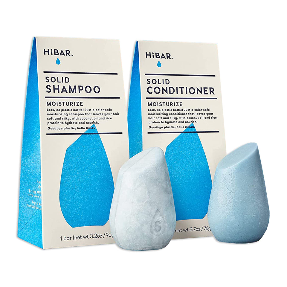 HiBAR front packaging showing both shampoo and conditioner bars and eco benefits