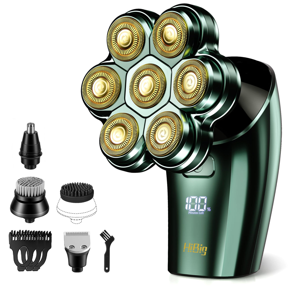 HiBig front view of dark green shaver showing ergonomic body and controls for easy grip
