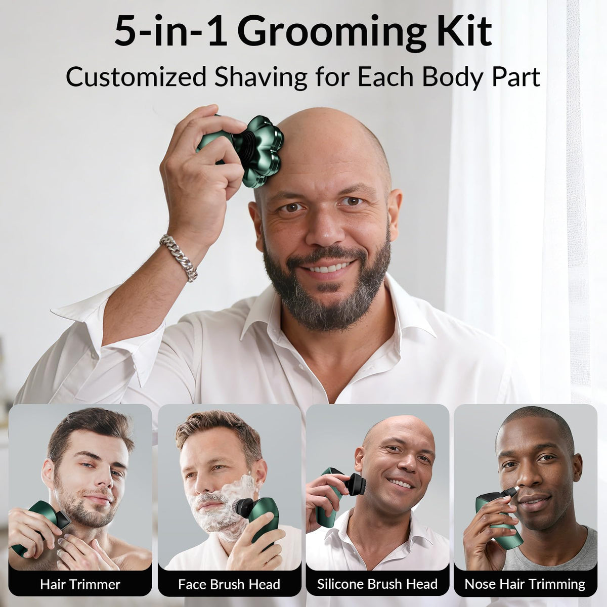 HiBig shaver in use on a scalp demonstrating smooth contour-following shave
