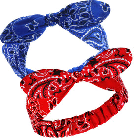Hicarer front view of both red and blue bandana headbands showing patriotic paisley