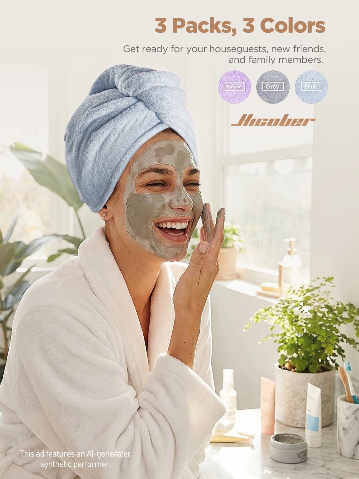 Hicober grey turban worn by model demonstrating anti-frizz benefit