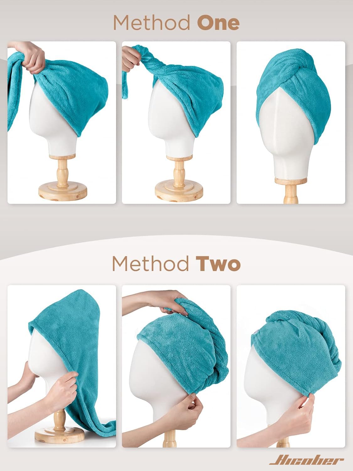 Hicober towel on hand showing scale and full-coverage fit