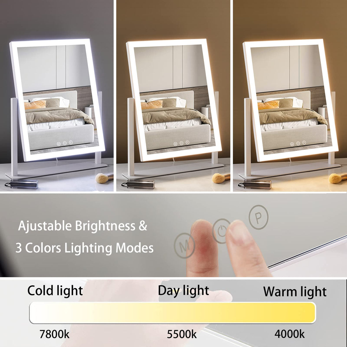 HIEEY touch control panel on mirror showing intuitive brightness and mode control benefit