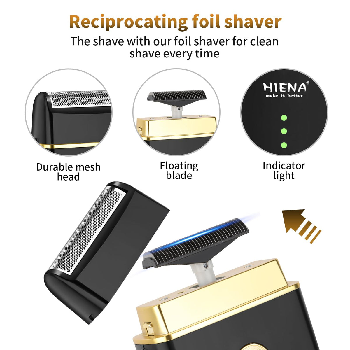 HIENA PRO foil shaver top view showing precision blades for smooth, clean finishes