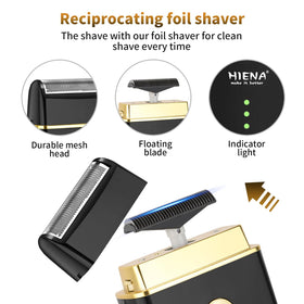 HIENA PRO foil shaver top view showing precision blades for smooth, clean finishes