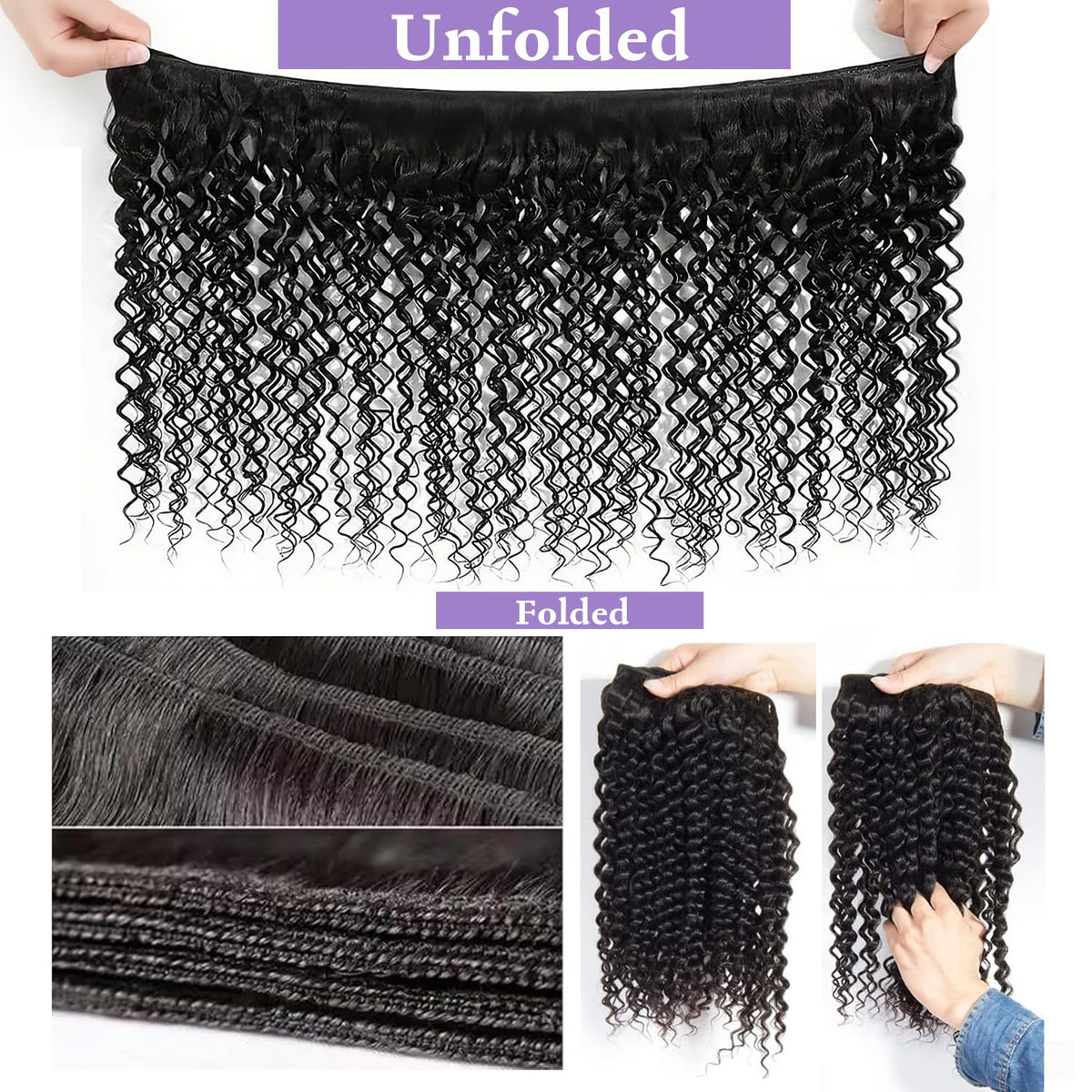 Higher bundles held in hands to show true-to-length scale and generous 70g per bundle