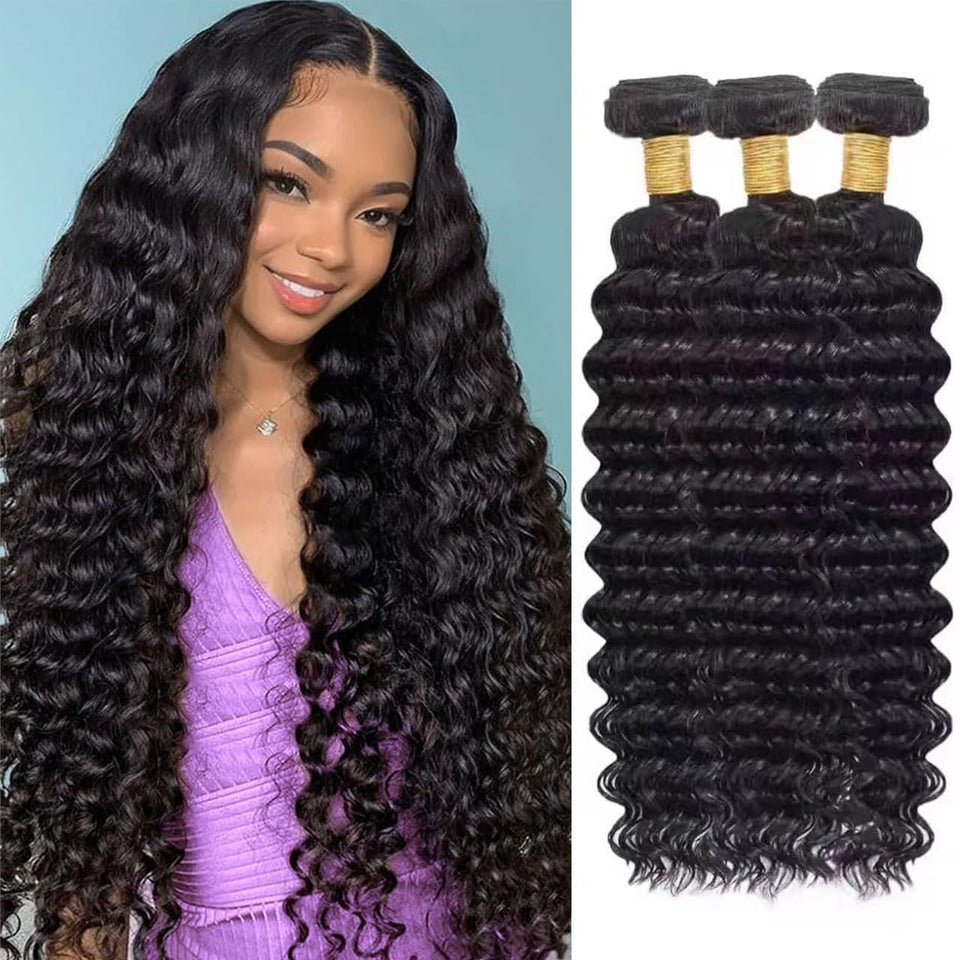 Higher front view of three deep wave bundles showing full density and natural sheen