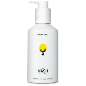 Highland The Wash front bottle showing branding and scent, highlights gentle formula benefits
