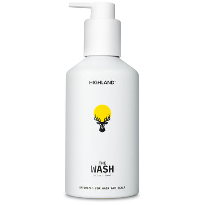 Highland The Wash front bottle showing branding and scent, highlights gentle formula benefits