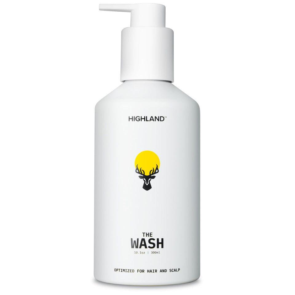 Highland The Wash front bottle showing branding and scent, highlights gentle formula benefits