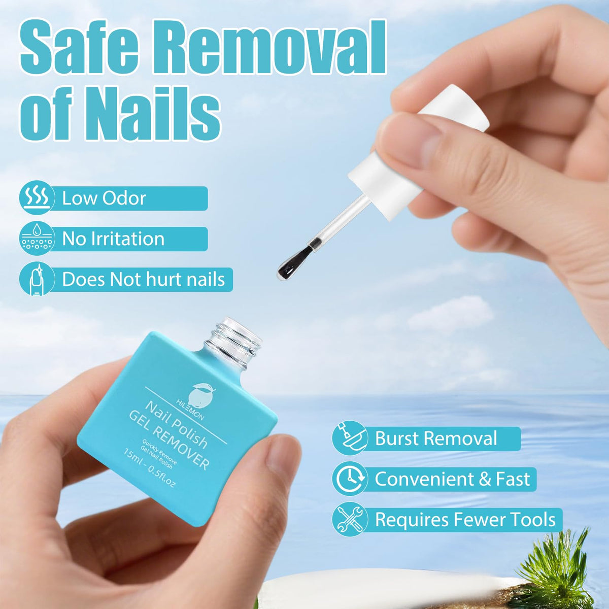 HiLemon bottle held next to fingers illustrating compact travel-friendly size